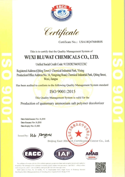 Chiny Yixing bluwat chemicals co.,ltd Certyfikaty